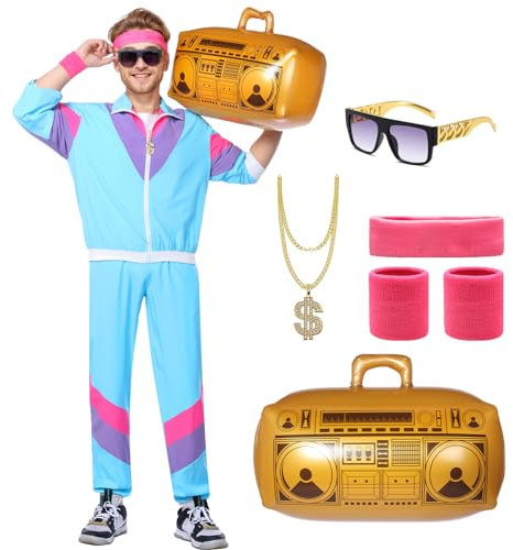 Blisscok 80er 90er Jahre Outfit Herren Damen,8 Pcs 80er 90er Kostüm Bad Taste Outfit Herren Damen mit Jacke Hose Goldkette Stirnband Armbänder Brille Aufblasbare Radio für Karneval (Blau, S)