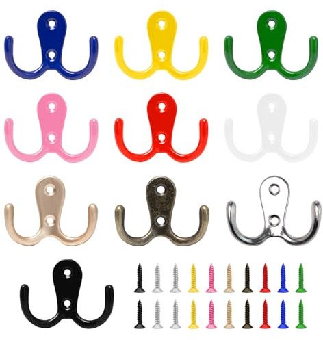 Bofanze 10 Stück Bunte Haken Bunt Kleiderhaken Wandhaken Vintage Doppelhaken Haken zum Schrauben Klein Metall Kleiderhaken Doppelt für Kleiderhaken, Badezimmer, Küche, Schlafzimmer