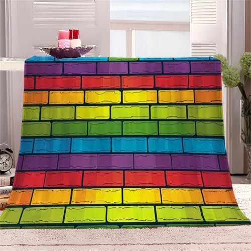Regenbogen-Backsteinmauermuster Fleecedecke 180x200cm XXL Kuscheldecke Flauschig Weiche Flanell Decke als Sofadecke Tagesdecke, Bunt Geschenk Kuscheldecke für Mädchen Jungen