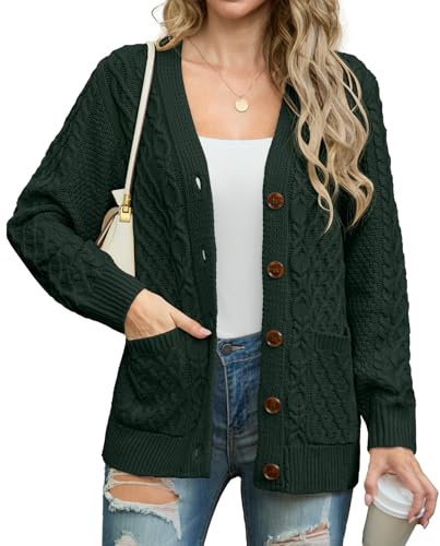 GRECERELLE Womens Cardigans Knit Ladies Long Sleeve Button Down Oversized Aran Cable Knitted Jumper Cardigan Knitwear with Pockets (Dark Green,XXL)