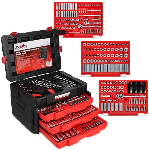 ABN 450-Piece Mechanics Tool Socket Set, ¼ in, ⅜ in., and ½ in Drive, Auto Repair Kit with SAE & Metric, Sockets, Ratchets, Extensions, Hex Keys, Screwdriver Bits, and Storage Case