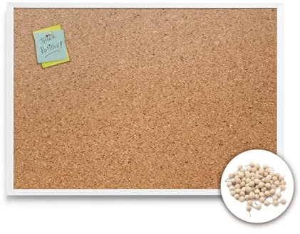Tulup Korkplatte Wand 120x90 cm Pinnwand Kork Naturkorkschicht Memo Board mit Weißer Rahmen aus Kunststoff Mit Pushpins 1,5 cm Dicke für Büro Schule und Zuhause mit Rahmen