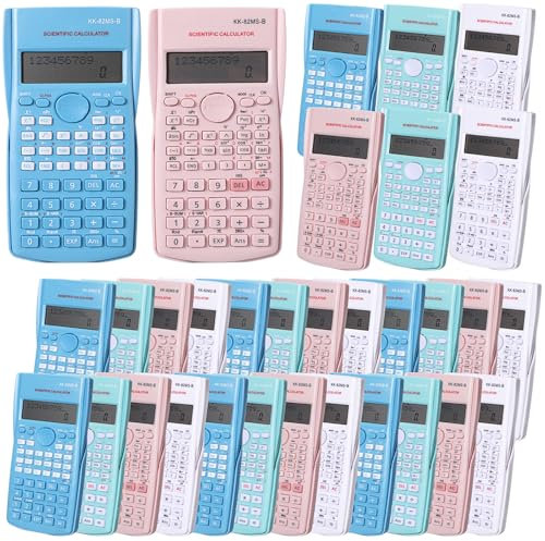 Wovnet 32 Pcs 2 Line Engineering Scientific Calculator Display Function LCD Math Calculator Ideal Non Graphing Scientific with Cover for School Classroom Office Business Pink, Blue, Green, White
