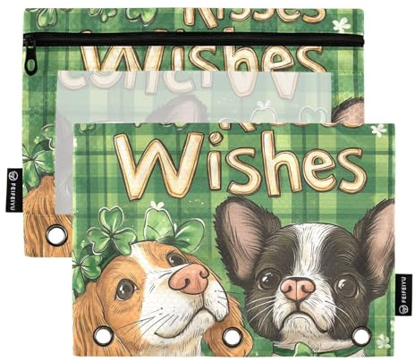 Reißverschluss-Mappe mit transparentem Fenster, Motiv: St. Patrick Kisses Wishes niedlicher Cartoon-Hund, mit Reißverschluss, transparentes Fenster und Ösen, 3-fach gelochte Ordner zur Aufbewahrung