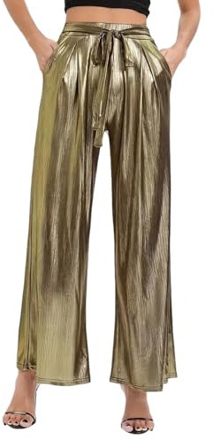 EMOTTOS Damen Glänzend Metallic Hose, Pailletten Weites Bein Hohe Taille Streetwear mit Gummibund, Mode Holographische Farbe Locker Hose mit Taschen für Nachtclub Party, Gold, L