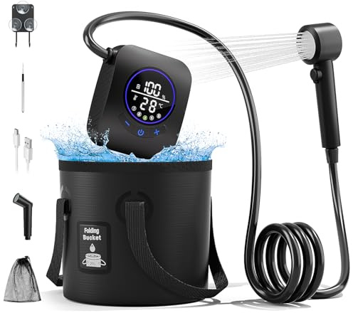 A2501 Moriko Camping Shower, Portable Camping Shower, 8000 mAh Rechargeable Shower Pump, Shower Head and 18L Folding Bucket, Outdoor Shower for Hiking, Beach, Travel, Pet Bath