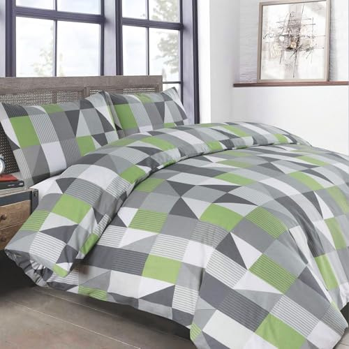 Velosso Geometric Striped Squares Bedding Duvet Cover and Pillowcase Set Non Iron Easycare Quilt Cover and Pillowcase Set (Sage, King)