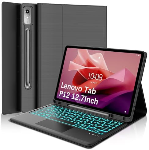WINCHKING Touchpad Keyboard Case for Lenovo Tab P12 12.7Inch 2023,7 Colors Backlit,Detachable Wireless Keyboard Folio Case with Pen Holder for Lenovo TB-370FU Tablet(Black)