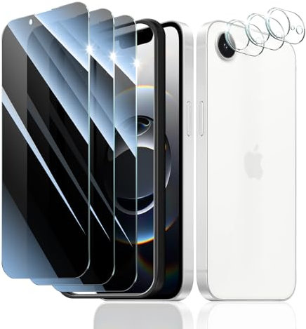 Fynorao Sichtschutz Panzer Schutz Glas für iPhone 16e, 3*Anti-Spähen Gehärtetes Glas Schutzfolie und 3*Kameraschutz mit einfachem Befestigungswerkzeug, Panzerglas Displayschutzfolie, 9H Härte