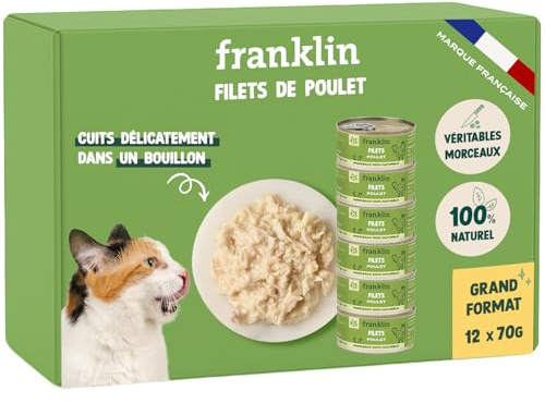 FRANKLIN – Nourriture Humide pour Chat – Filet Poulet – Lot 12 x 70g | 75% Poulet – Cuit au Bouillon – 100% Naturel, Sans Additifs – Texture Appétente – Riche en Protéines – Faible en Calories