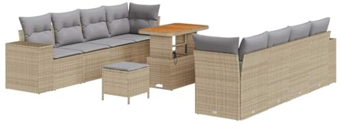vidaXL 4-teilige modulare Gartensofagarnitur in Beige aus Poly Rattan. Modernes Outdoor-Möbel mit hellgrauen Kissen für Terrasse und Garten. Wetterfest und UV-beständig.