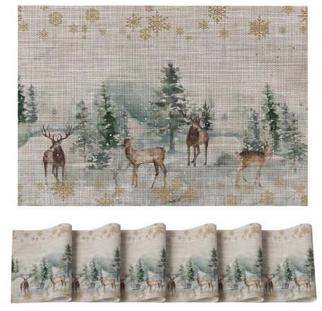 Artoid Mode Kiefern Elch Weihnachten PVC Platzsets 6er Set, 30x45cm Winter Tischsets Schmutzabweisend Hitzebeständig Platzdeckchen Küche Deko