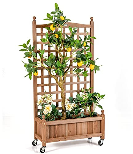 GOPLUS Jardinera Elevada con Enrejado, Cama de Jardín de Madera de Abeto con Espaldera de Celosía, Agujeros de Drenaje, 4 Ruedas, Macetero Móvil para Plantas Trepadoras, Flores, Frutas (con Ruedas)