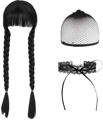 SSKHE 3-teiliges Set geflochtenes Schwarze Perücke für Damen und Kinder, Cosplay Zubehör für Wednesday Addams, Halloween Frisur, Lange Perücke, Anime-Outfit, Schwarze Haarpracht