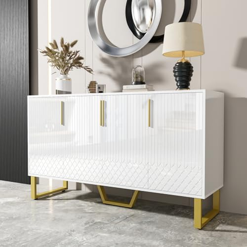 OLIVIBED Sideboard 140 cm, Buffetschrank mit 4 Türen, Wohnzimmerschrank mit Metallgriffe und Beine, Esszimmerschrank mit Viel Stauraum für Wohnzimmer, Esszimmer & Flur, Weiß, 140x40x80cm