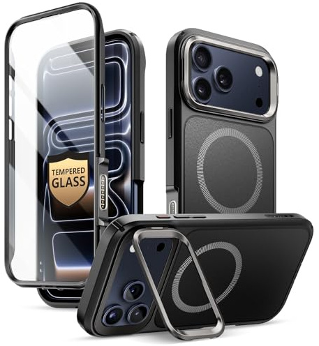 i-BLASON for iPhone 17 Pro Case MagSafe with Stand [9H+ Tempered Glass Screen Protector] [Military-Grade Protection] [Camera Control Button] Full-Body Heavy Duty Magnetic Phone Case 6.3'' Black