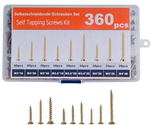 SZWLJ Ensemble De Vis À 360 Pièces Avec 7 Tailles (16-40 Mm),Plaquée Zinco | De Vis A Bois Autotaraudeuses M3/M3.5/M4-Vis Inox Pour Les Réparations Domestiques, Les Projets De Bricolage.