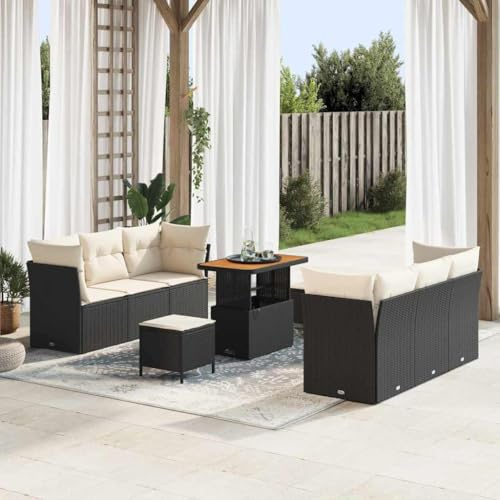 QJBSAVVA 9-TLG. Garten-Set Schwarz Poly-Rattan Akazie Eckbank Mittelbank Hocker Tisch Balkon Garten