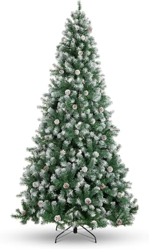 6FT Artificial Christmas Tree, Snow Flocked Xmas Tree with 788 Branch Tips, Decoration Pine Cones, Easy Assembly, for Home Party Christmas Indoor Outdoor Holiday Decoration