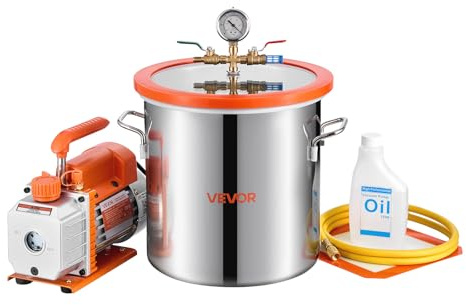 VEVOR Pompe à Vide 3,5 CFM 99 L/min Chambre à Vide Acier Inox 11,36 L 1 Étage avec Couvercle Verre Trempé, Bouteille d'Huile 200 mL, Tuyau 1,5 m, pour Stabilisation de Bois Dégazage Résine Silicone