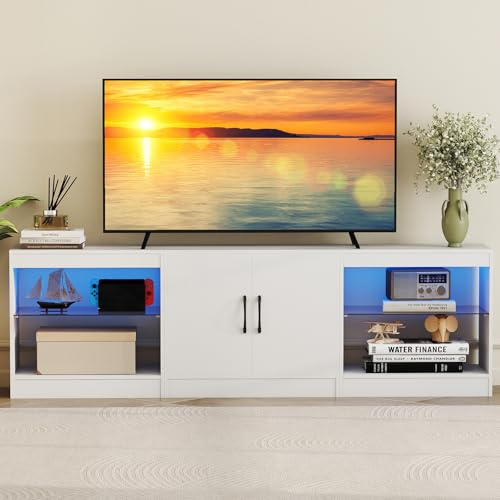 COSTWAY 3- in-1 TV-Schrank, Fernsehtisch für Fernseher bis zu 85 Zoll, 195 cm lang Lowboard mit LED Beleuchtung & verstellbaren Glasregalen für Wohnzimmer, Schlafzimmer, Esszimmer (Weiß)