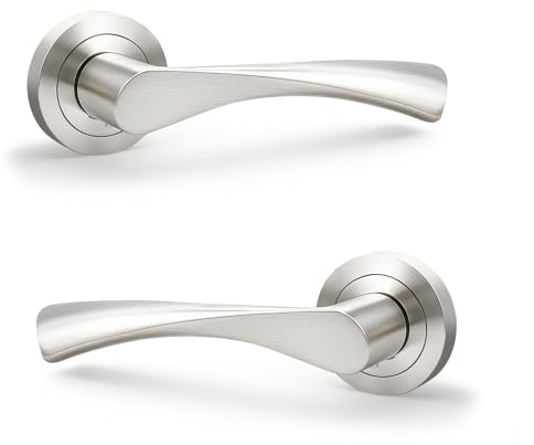 PinLin Satin Nickel Warped Lever On Rose Door Handles, Twisted Lever Latch Rose Door Handle, Ideal for Internal Wooden Doors for Home and Office