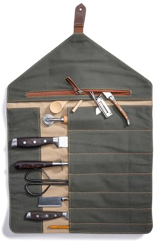 Angus Stoke Knife Bag for Chef's Knives Made of Buffalo Leather, Exclusive 7-Compartment Knife Roll Bag with Extra Compartments - Leather Cooking Bag Gordon, black, 57 x 38 cm, Knife pocket