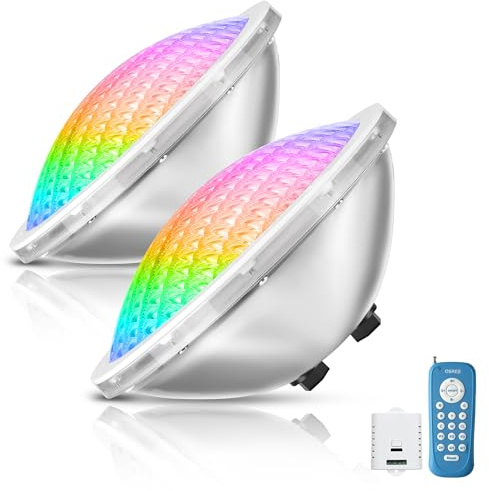 OSREE Projecteur Piscine LED PAR56, 30W RGB Lampe Piscine Dimmable Couleur 1200lm, Minuteur 2/4/6H, Edelstahl 316L Ampoule Piscines avec Télécommande, IP68 Étanche Spot pour Piscines,12V AC, Lot de 2