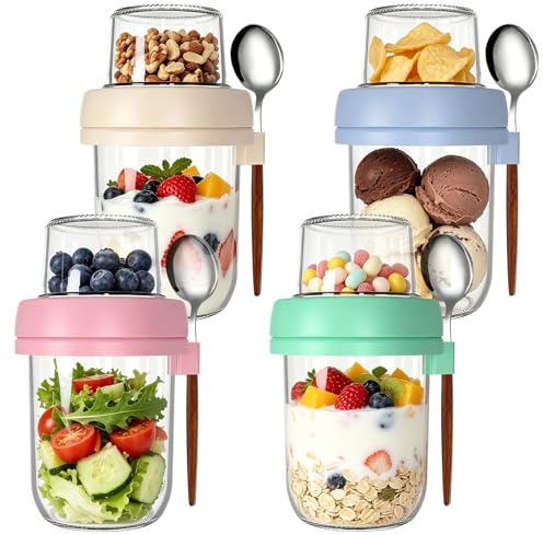 CEWROM Juego de 4 vasos de cereales para llevar, 480 ml de vidrio de avena con tapa, recipiente de cristal de doble pared con tapa, vaso de yogur para llevar y taza de cereales, adecuado para el