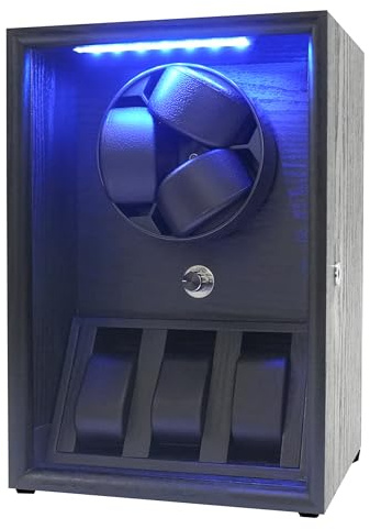 Oryx 3 Uhrenbeweger für Automatikuhren, Rotierende Uhrenbox 5 Rotationsmodi Einstellung Vitrine mit extra Uhrenspeichern und LED-Licht, abschließbare Aufzieher, USB-betrieben, super leiser