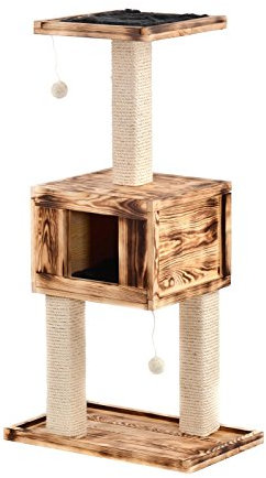 Silvio Design Katzenbaum 'Finn', geflammtes Holz, dunkelgraues Plüsch