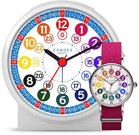 Cander Berlin MNU 1009 Kinderwecker lautlos und MNA 1030 M Armbanduhr Lernuhr pink Kinderuhr geräuschlos Licht Snooze Tischuhr Wecker Kinder Beleuchtung geräuscharm Schlummer Mädchen LED