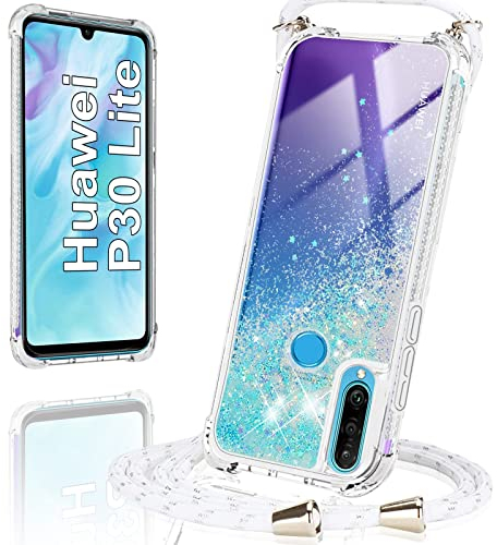 Coque pour Huawei P30 Lite Liquide Coque,Personnalisé Liquide Paillette Housse Etui de Protection Etui Silicone Sables Mouvants Bling avec Collier Lanyard Case Réglable Téléphone Portable