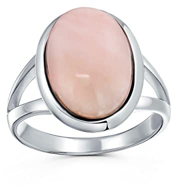 Bague cabochon ovale en quartz rose clair avec pierre précieuse sertie, anneau à tige fendue bohème pour femme et adolescente en argent sterling .925