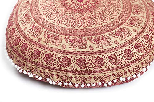 Popular Handicrafts Bodenkissenbezug – Hippie-Elefanten-Mandala-Kissenbezug, große Baumwolle, Pouf-Bezug rund böhmisches Yoga-Dekor, 81,3 cm, Kastanienbraun Gold