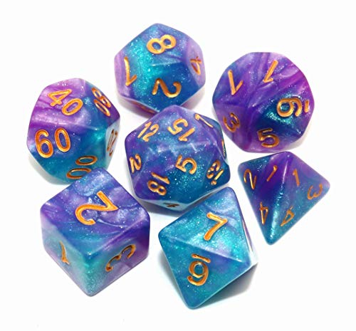 CREEBUY DND-Würfelset, seeblau-violette Rollenspiel-Würfel, für Dungeon and Dragons, D&D, Rollenspiele, Brettspiele, polyedrische Glitzerwürfel