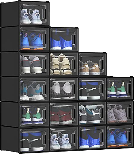 YITAHOME Schuhboxen, 18er Set, Schuhkarton stapelbar stabil, Aufbewahrungsboxen für Schuhe mit transparent Tür und Belüftungslöchern, für Schuhe bis Größe 46, stapelbare schuhbox schwarz