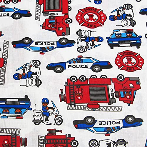 Baumwollstoff mit Kindermotiven | Meterware | Betten Decken Accessoires (Weiß - Feuerwehr & Polizeiautos)