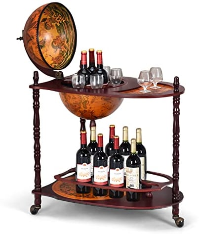 RELAX4LIFE Carrello da Bar con Globo, Tavolo da Bar a 2 livelli in Legno di Eucalipto Naturale, Mobile da Bar in Stile Vintage con Ruote Girevoli per Vini e Liquori
