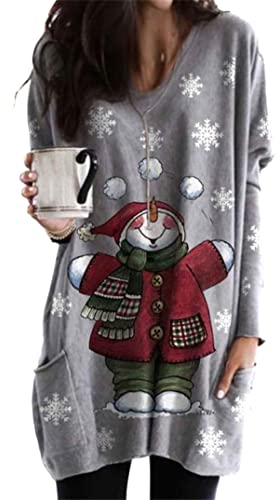 EFOFEI Lady's Ladies Long Sleeve Sweatshirt Jumper Costume with Side Pocket Holiday Casual Sweatshirt Stitching Round Neck Jumpers Snowman Grey L