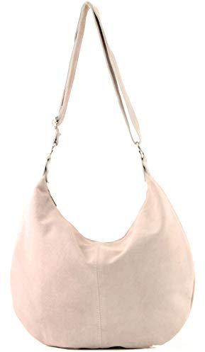 modamoda de - T123 - ital Umhängetasche Schultertasche Wildleder, Farbe:Rosabeige2021