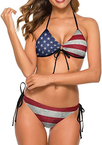 SKT T1 Women's American Flag Bikini Sets Two Piece Swimsuit Halter Tops and Tie Side Bottoms Bathing Suits Swimwear, American Flag Retro, S