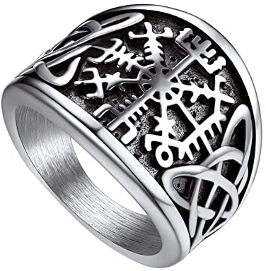 Bandmax Helm Of Awe Anillo 69.7 Brujula Vikinga Triqueta Acero Quirurgico, Anillo Grande Vintage Tono Platino