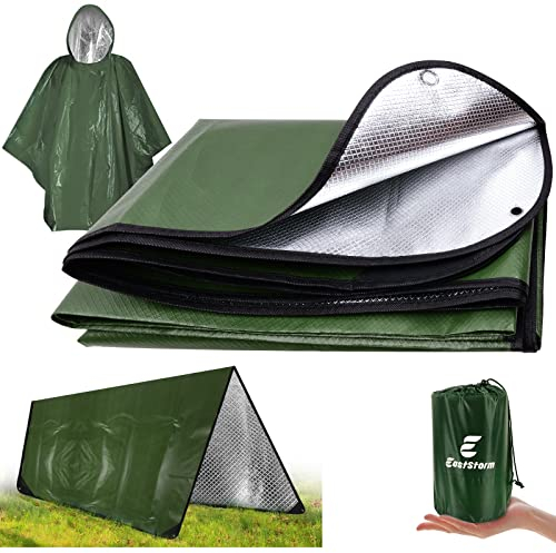 E EASTSTORM Manta de emergencia pesada de 7 x 5 pies con poncho de lluvia, bolsa gruesa de rescate de supervivencia, reutilizable, lona reflectante impermeable, tres capas de protección para acampar