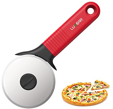 Luxear Pizzaschneider, Pizzaroller aus Edelstahl, Pizzamesser Pizza Cutter mit Schutzhülle, Pizza Schneider mit rutschfestem Griff, Pizzaschere Teigschneider für Pizza Kuchen Waffeln - Rot
