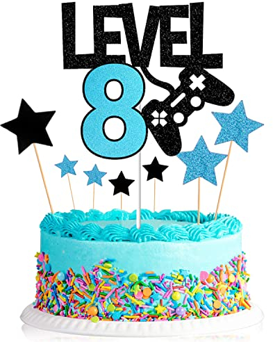 Elicola Tortenaufsätze zum 8. Geburtstag, Level Up 8, Kuchendekorationen, Happy 8th Birthday für Jungen, Geburtstagsspiel, Partyzubehör