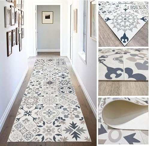 Tadi & Imperio1979 Alfombra Vinílica hidráulica de Baldosas Realistas, para Salón, para Pasillo, para Cocina y moqueta a Medida, de Color beig con Tonos zules, OROS y Naranjas.