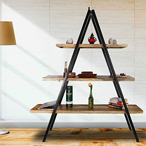 Stylla London Contemporary Mango Wood Triangle Ladder Bookshelf/Bookcase - 3 Tier Display Storage Unit - Living Room Furniture
