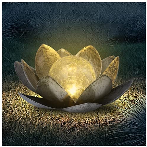FLOWood Lampes solaires pour Jardin extérieur Lotus, Décoration de Jardin pour extérieur Lotusblten avec Boule de Verre craquelé, Cadeaux de Jardin pour Les Femmes(Argent)