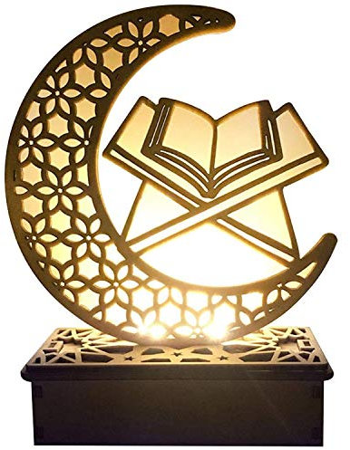 Ramadan LED Lampe Holz Deko Eid Mubarak Dekoration, Mond Stern Festival Dekoration Halbmond Nachtlicht für Muslimische Dekorative Gebetszubehör (B)